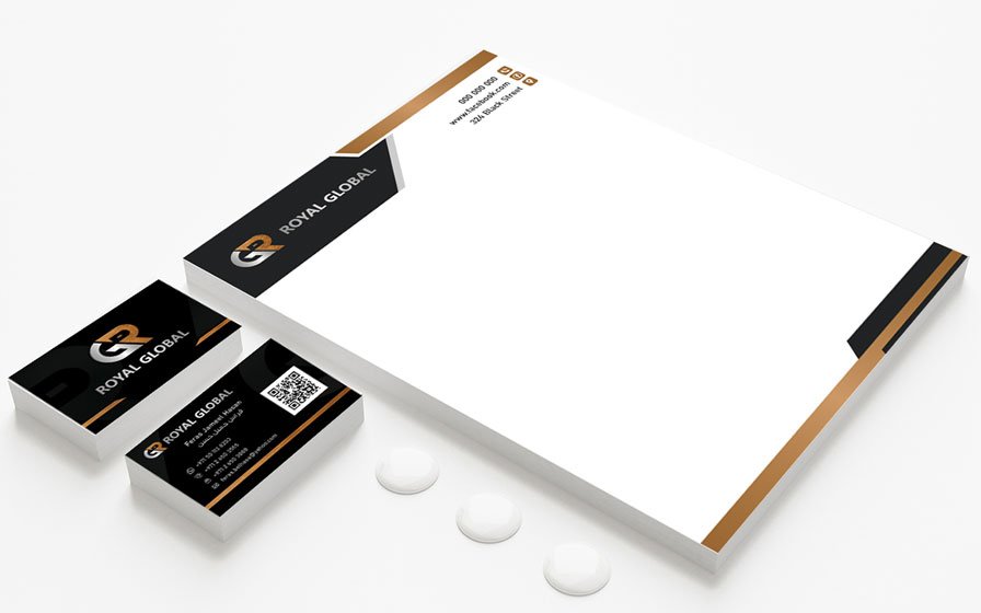 تصميم هوية بصرية لشركة رويال جلوبال لصناعة المطابخ و الاثاث في ابوظبي ابيكس ميديا سوريا السويداء